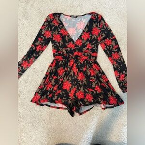 Black and Red Floral Long Sleeve Romper